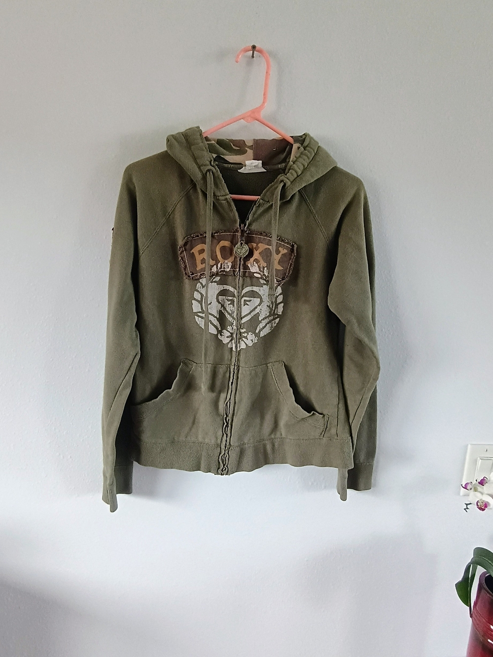 Roxy Y2K Olive Green Zip Hoodie XS Surf Skate Grunge Graphic Sweatshirt